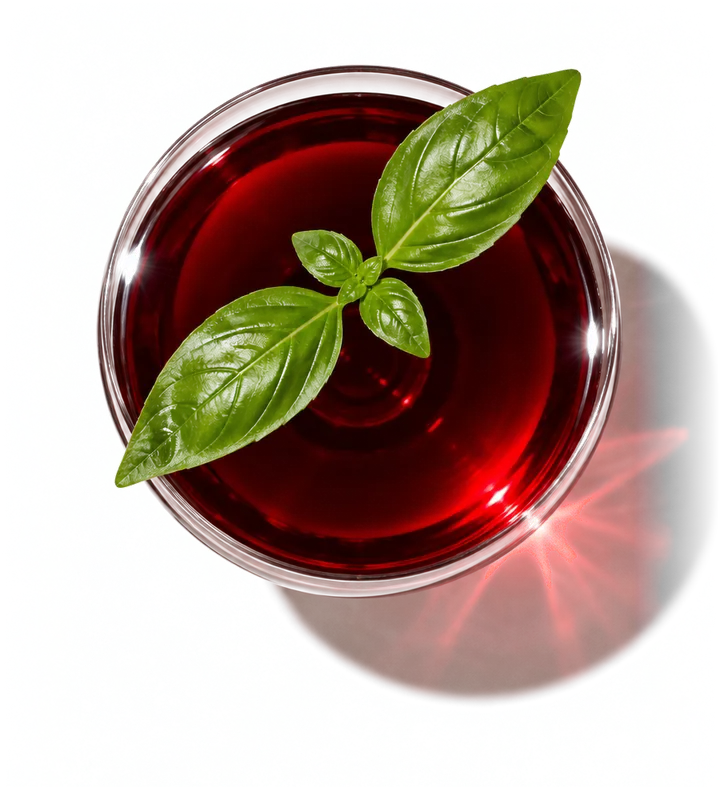 A glass of red wine with a sprig of basil, from above